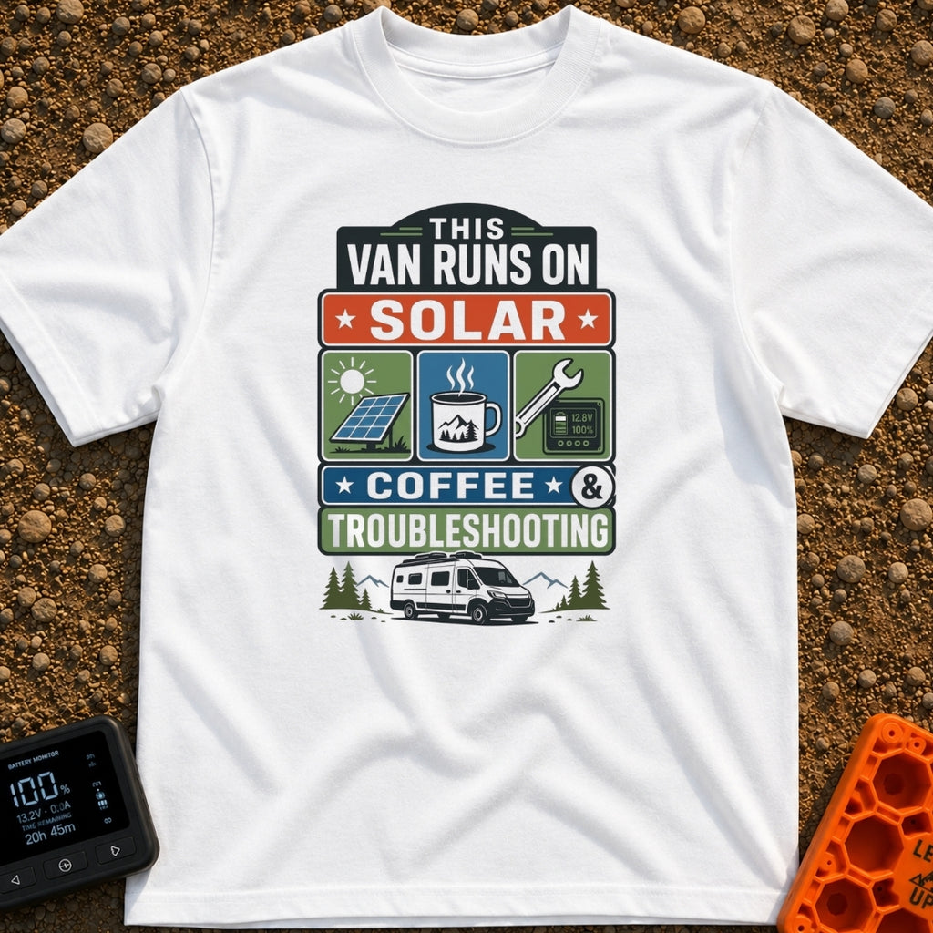 Solar Coffee And Chaos - T-Shirt in White - A stacked typographic design featuring three square panels that illustrate a...