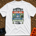 Solar Coffee And Chaos - T-Shirt in White - A stacked typographic design featuring three square panels that illustrate a...