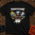 Fully Charged Threesome - T-Shirt in Black - A cartoon illustration featuring three flying superhero characters—a sun...