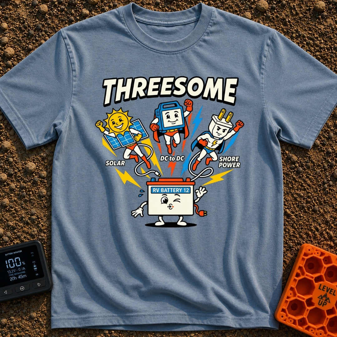 Fully Charged Threesome - T-Shirt in Blue Jean - A cartoon illustration featuring three flying superhero characters—a sun...