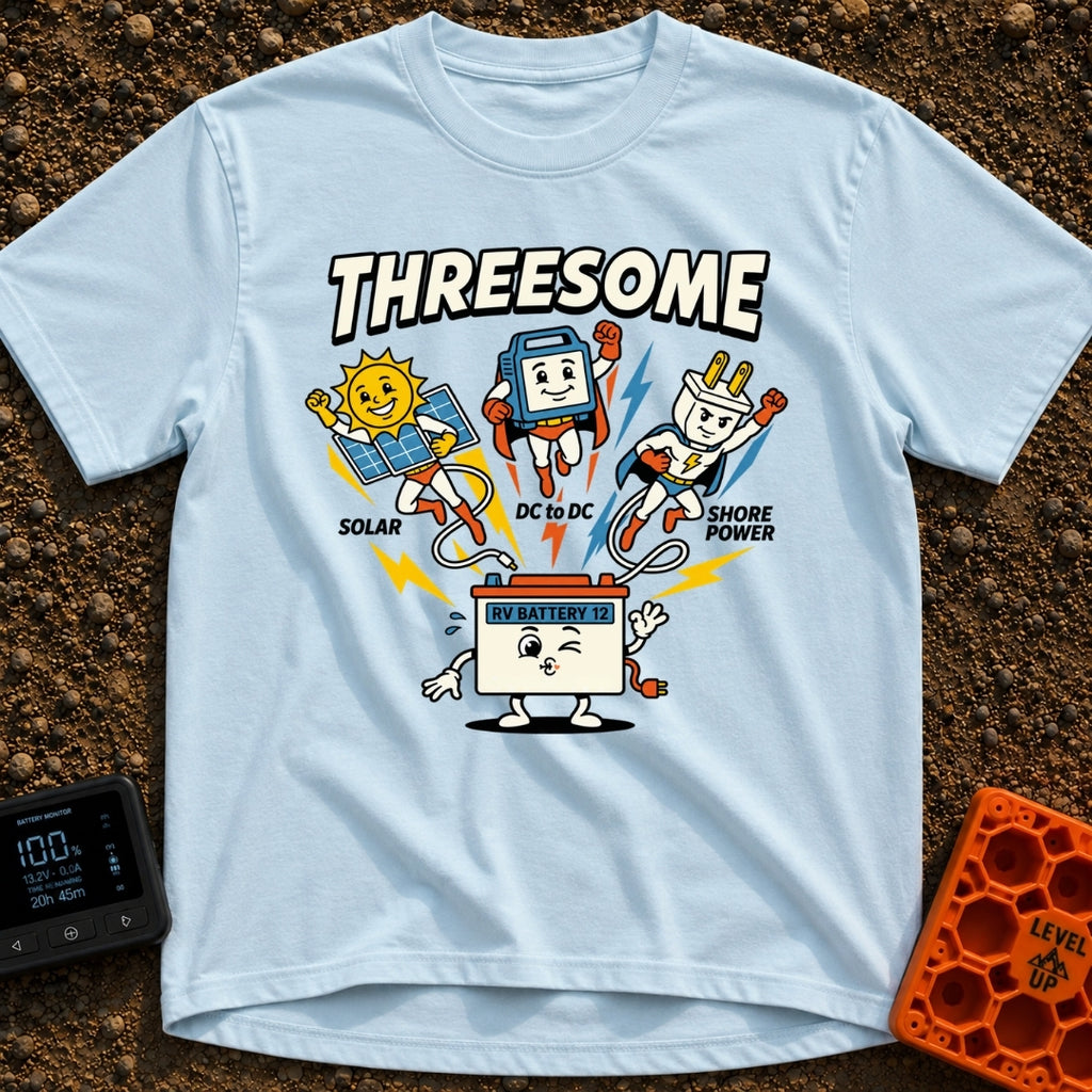 Fully Charged Threesome - T-Shirt in Chambray - A cartoon illustration featuring three flying superhero characters—a sun...