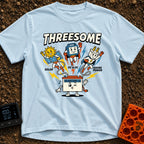 Fully Charged Threesome - T-Shirt in Chambray - A cartoon illustration featuring three flying superhero characters—a sun...