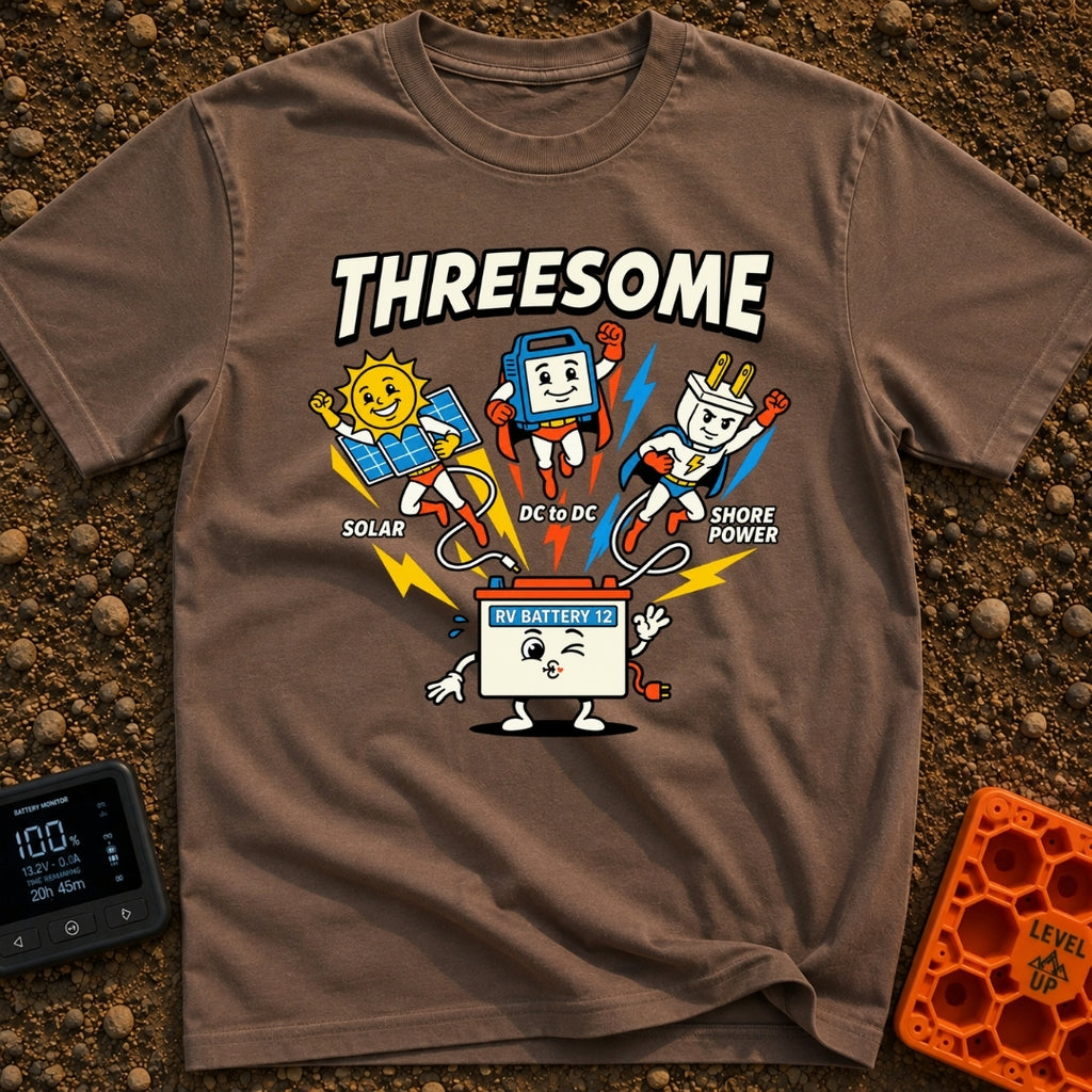 Fully Charged Threesome - T-Shirt in Espresso - A cartoon illustration featuring three flying superhero characters—a sun...