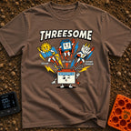 Fully Charged Threesome - T-Shirt in Espresso - A cartoon illustration featuring three flying superhero characters—a sun...