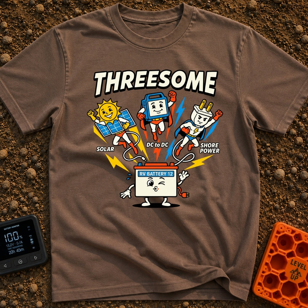 Fully Charged Threesome - T-Shirt in Espresso - A cartoon illustration featuring three flying superhero characters—a sun...
