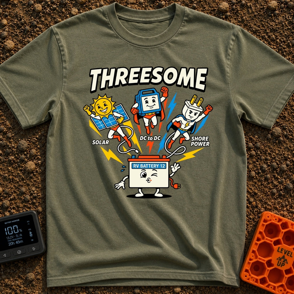 Fully Charged Threesome - T-Shirt in Moss - A cartoon illustration featuring three flying superhero characters—a sun with...