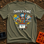 Fully Charged Threesome - T-Shirt in Moss - A cartoon illustration featuring three flying superhero characters—a sun with...