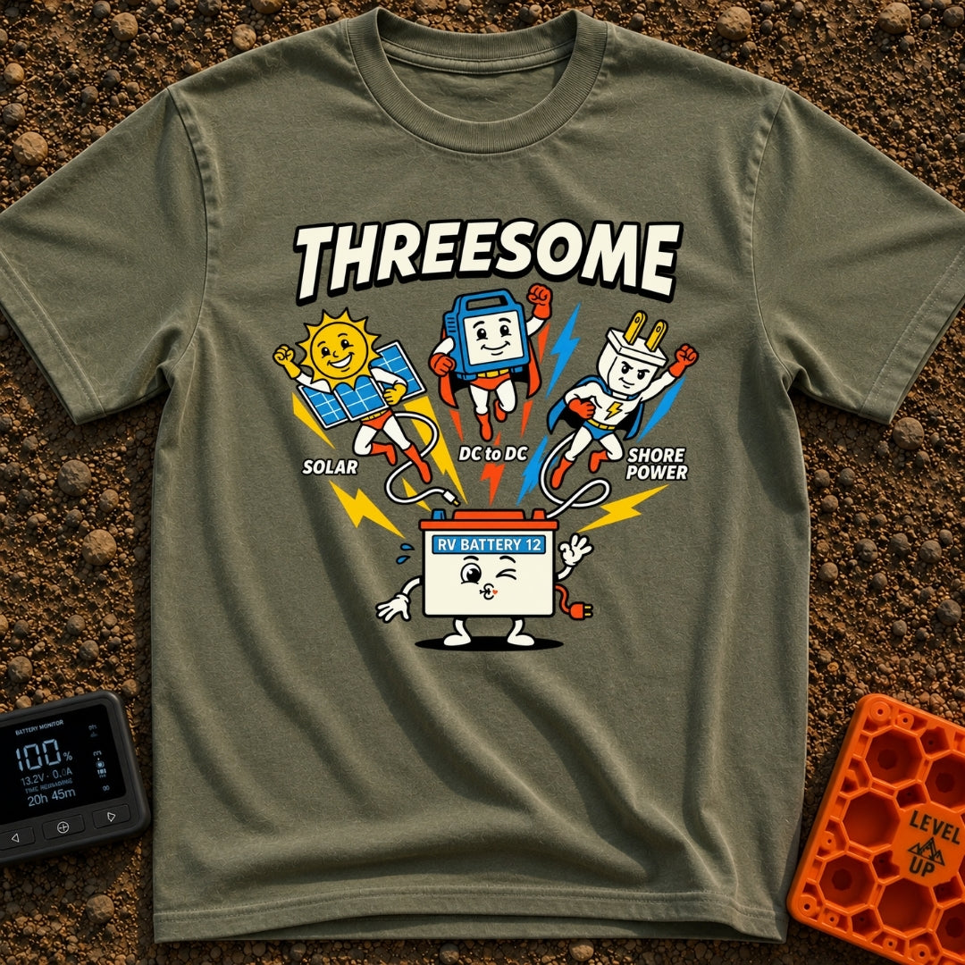Fully Charged Threesome - T-Shirt in Moss - A cartoon illustration featuring three flying superhero characters—a sun with...
