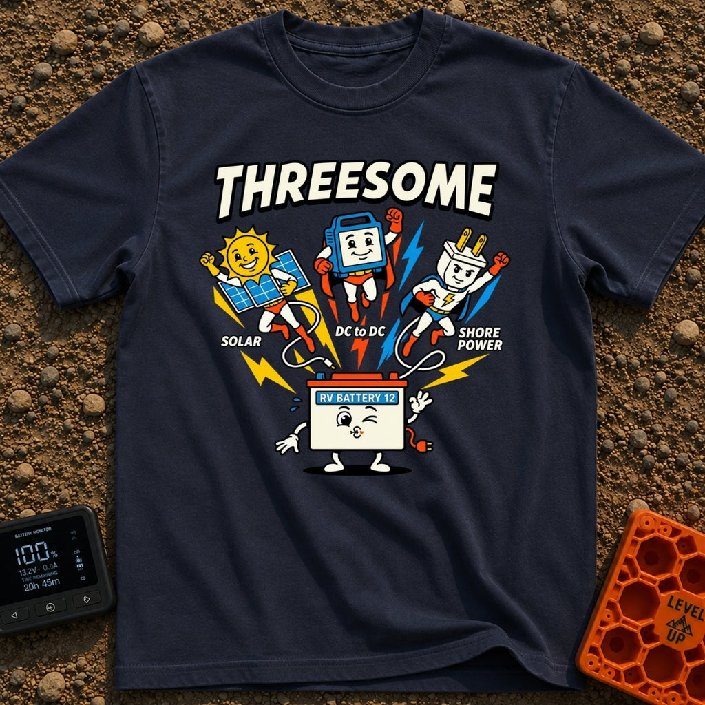 Fully Charged Threesome - T-Shirt in Navy - A cartoon illustration featuring three flying superhero characters—a sun with...