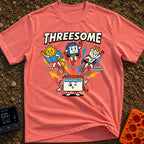 Fully Charged Threesome - T-Shirt in Watermelon - A cartoon illustration featuring three flying superhero characters—a...