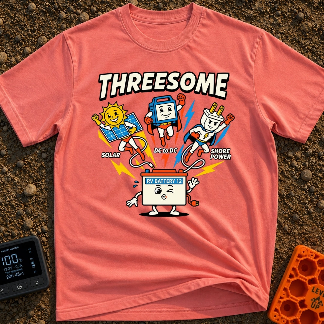 Fully Charged Threesome - T-Shirt in Watermelon - A cartoon illustration featuring three flying superhero characters—a...