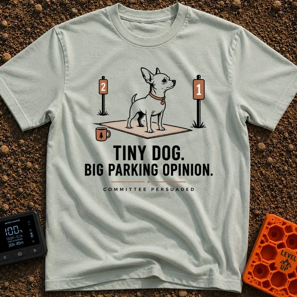 Pint-Sized Parking Critic - T-Shirt in Bay - An illustration of a small dog standing on an outdoor mat between two...