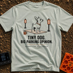 Pint-Sized Parking Critic - T-Shirt in Bay - An illustration of a small dog standing on an outdoor mat between two...