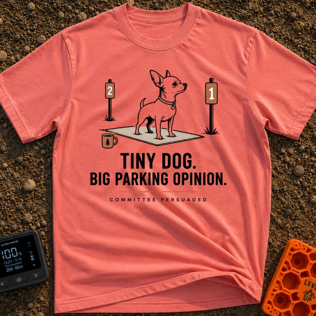 Pint-Sized Parking Critic - T-Shirt in Watermelon - An illustration of a small dog standing on an outdoor mat between two...