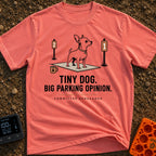 Pint-Sized Parking Critic - T-Shirt in Watermelon - An illustration of a small dog standing on an outdoor mat between two...