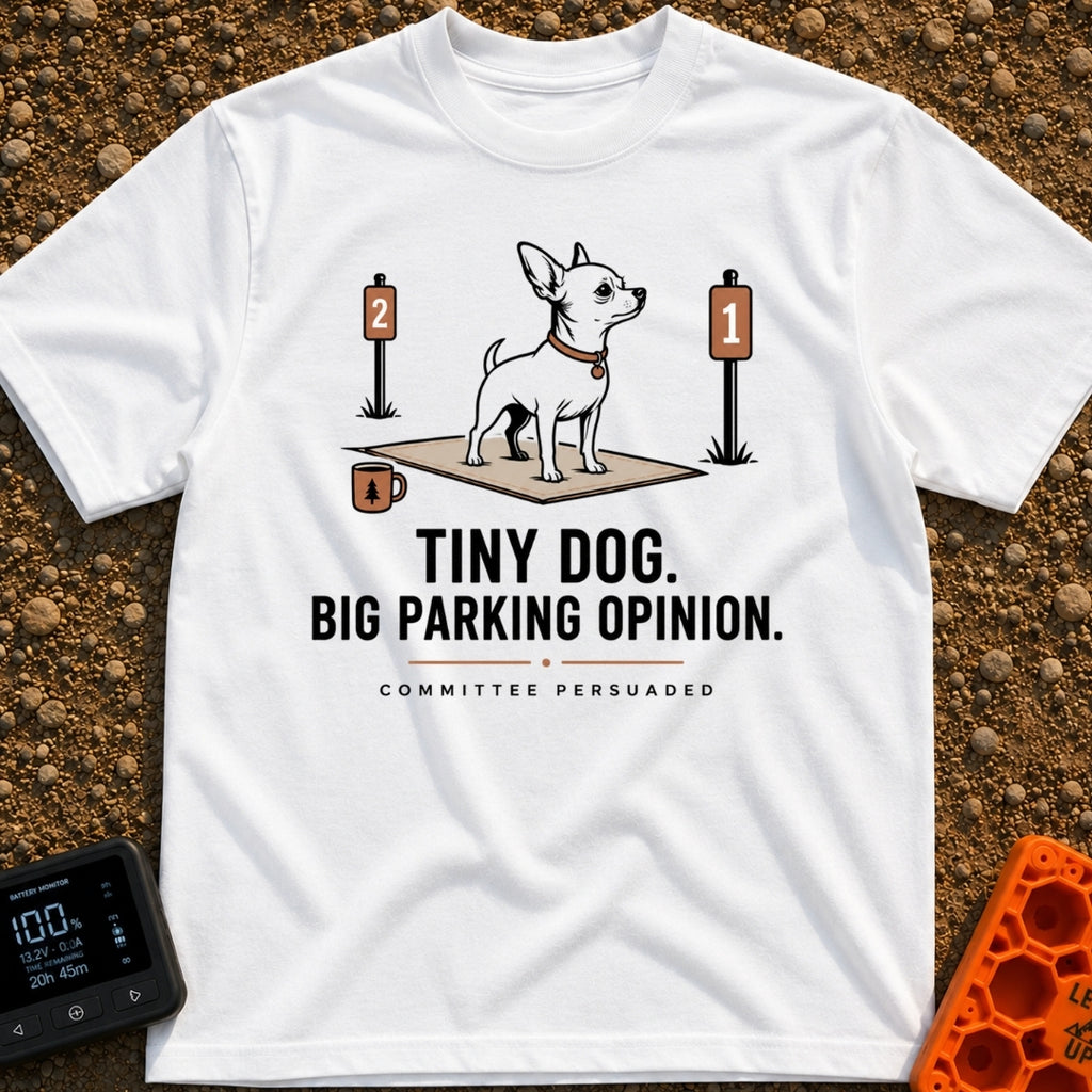 Pint-Sized Parking Critic - T-Shirt in White - An illustration of a small dog standing on an outdoor mat between two...