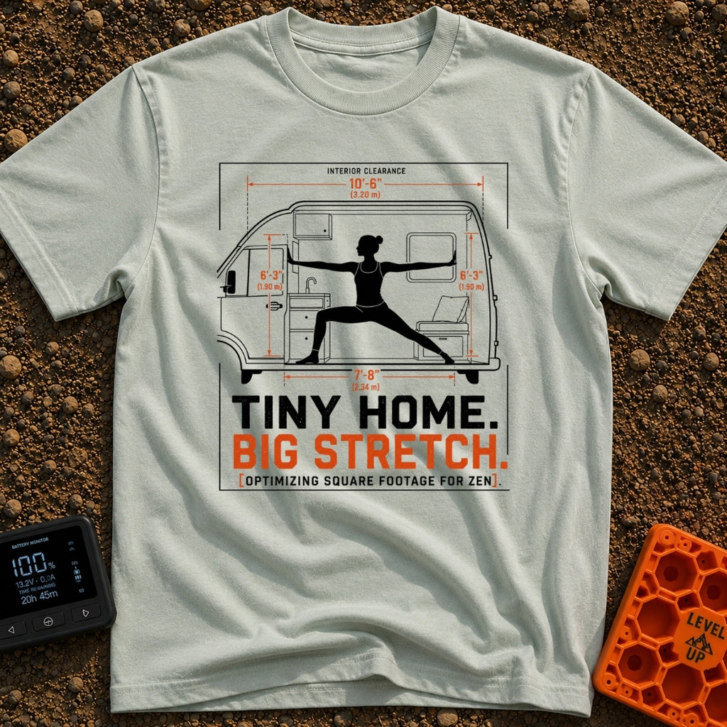 Stretch Your Square Footage - T-Shirt in Bay - A schematic diagram showing the cross-section of a camper van with...
