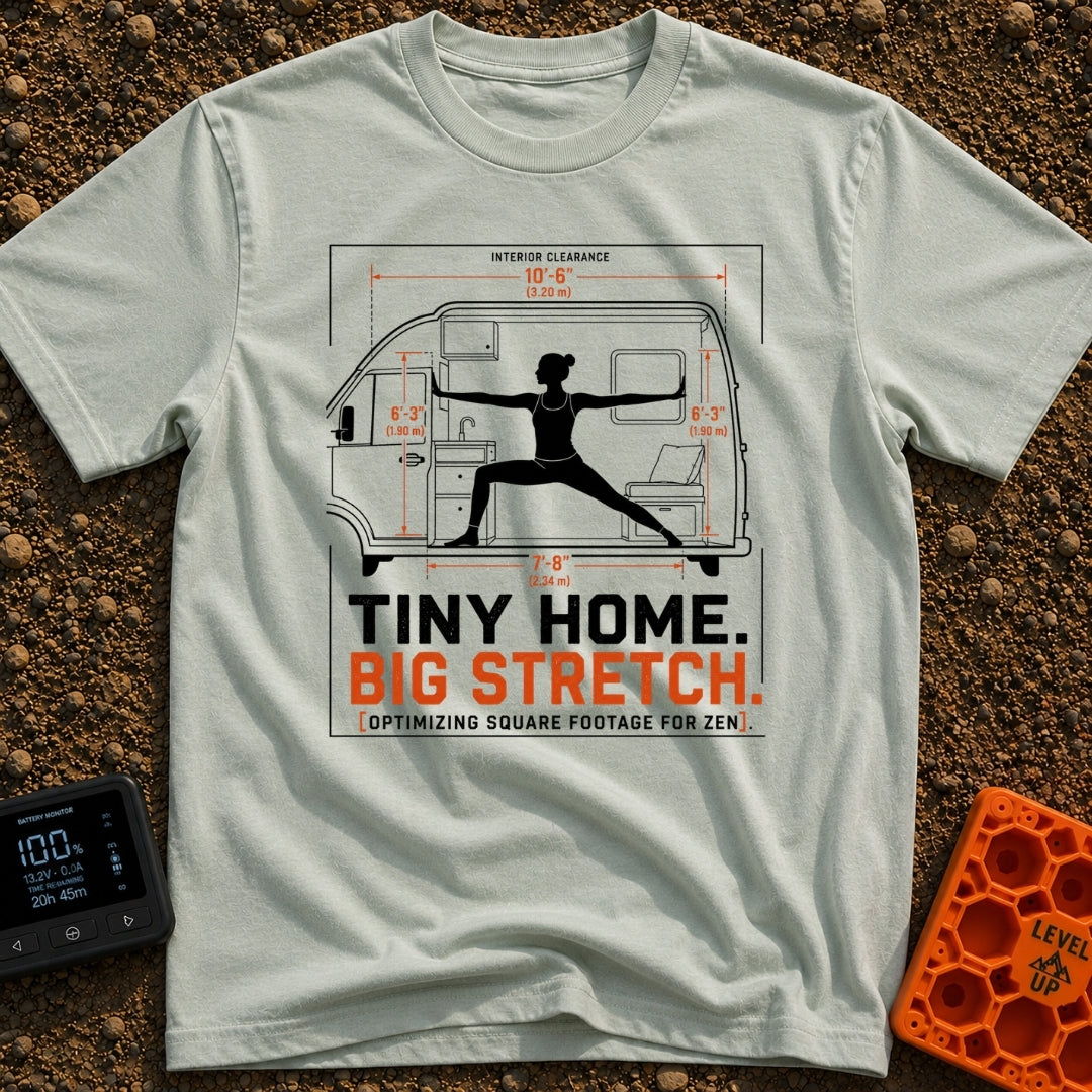Stretch Your Square Footage - T-Shirt in Bay - A schematic diagram showing the cross-section of a camper van with...