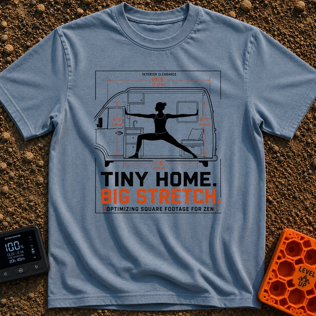 Stretch Your Square Footage - T-Shirt in Blue Jean - A schematic diagram showing the cross-section of a camper van with...