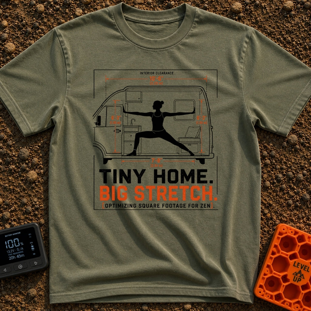 Stretch Your Square Footage - T-Shirt in Moss - A schematic diagram showing the cross-section of a camper van with...