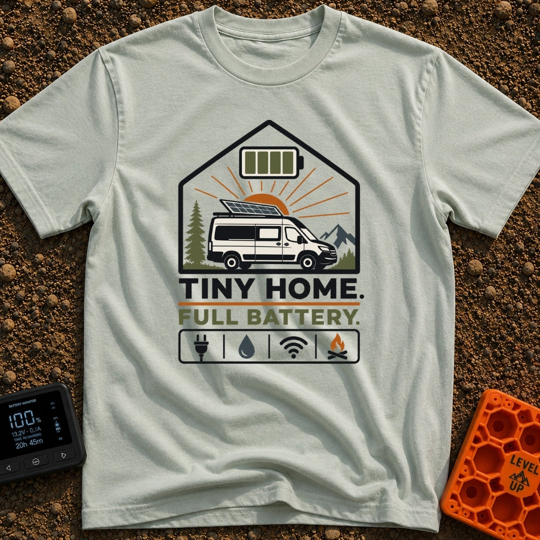 Tiny Home Power Trip - T-Shirt in Bay - A camper van with a roof-mounted solar panel is framed inside a house shape along...