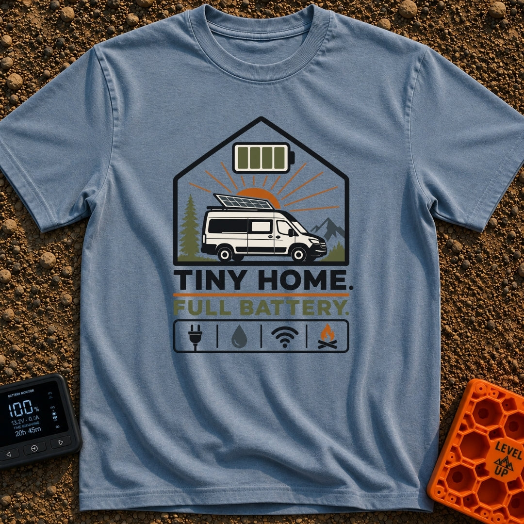 Tiny Home Power Trip - T-Shirt in Blue Jean - A camper van with a roof-mounted solar panel is framed inside a house shape...