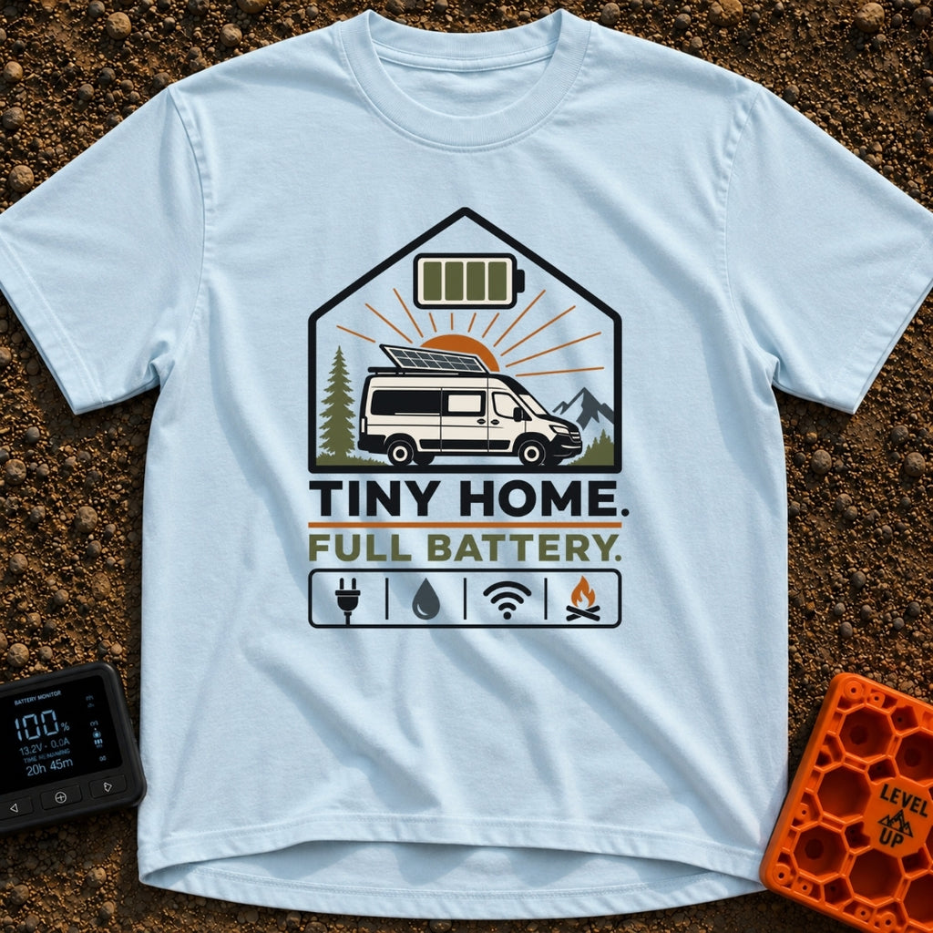 Tiny Home Power Trip - T-Shirt in Chambray - A camper van with a roof-mounted solar panel is framed inside a house shape...
