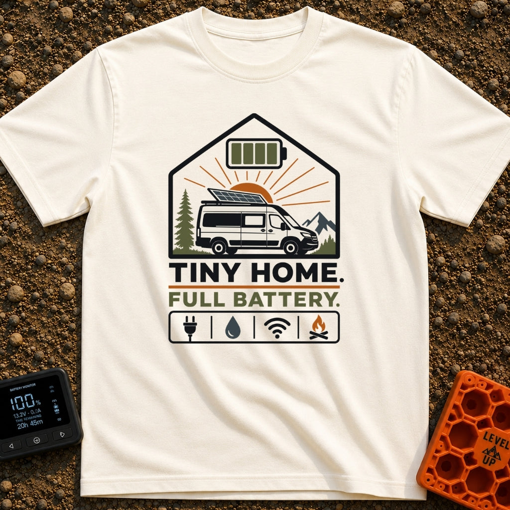 Tiny Home Power Trip - T-Shirt in Ivory - A camper van with a roof-mounted solar panel is framed inside a house shape...