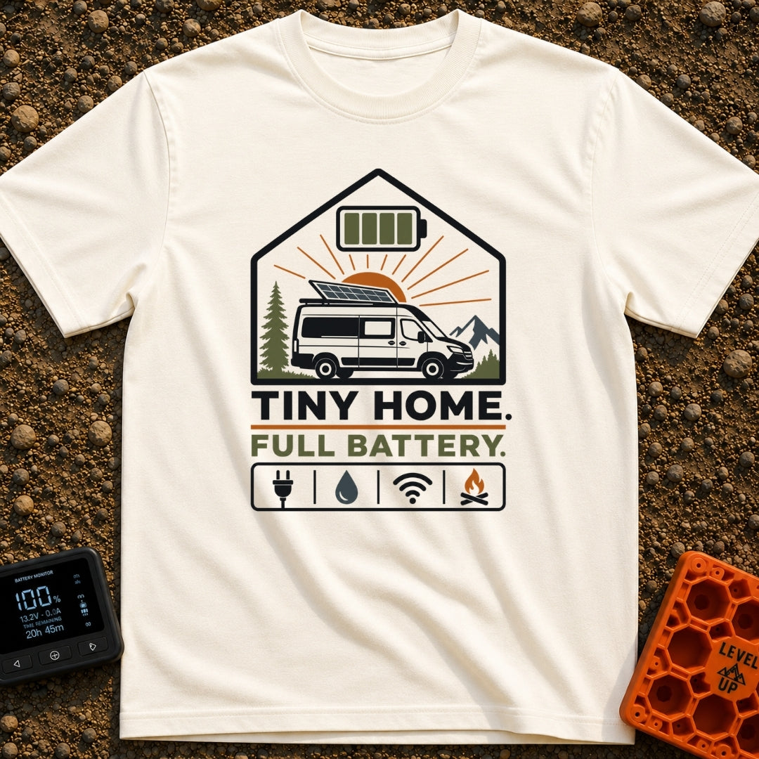 Tiny Home Power Trip - T-Shirt in Ivory - A camper van with a roof-mounted solar panel is framed inside a house shape...