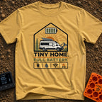 Tiny Home Power Trip - T-Shirt in Mustard - A camper van with a roof-mounted solar panel is framed inside a house shape...