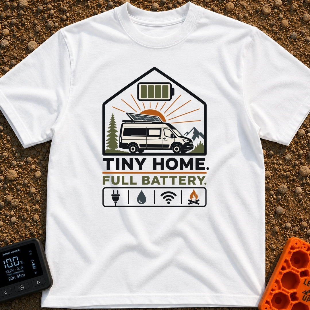Tiny Home Power Trip - T-Shirt in White - A camper van with a roof-mounted solar panel is framed inside a house shape...