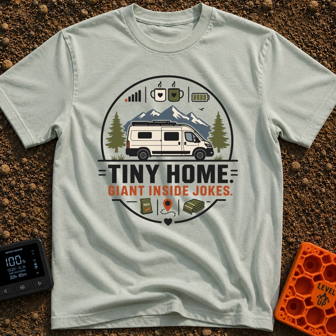 Tiny Home Inside Jokes - T-Shirt in Bay - A graphic illustration of a camper van parked in front of mountains and pine...
