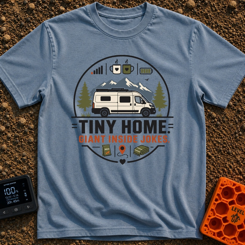 Tiny Home Inside Jokes - T-Shirt in Blue Jean - A graphic illustration of a camper van parked in front of mountains and...