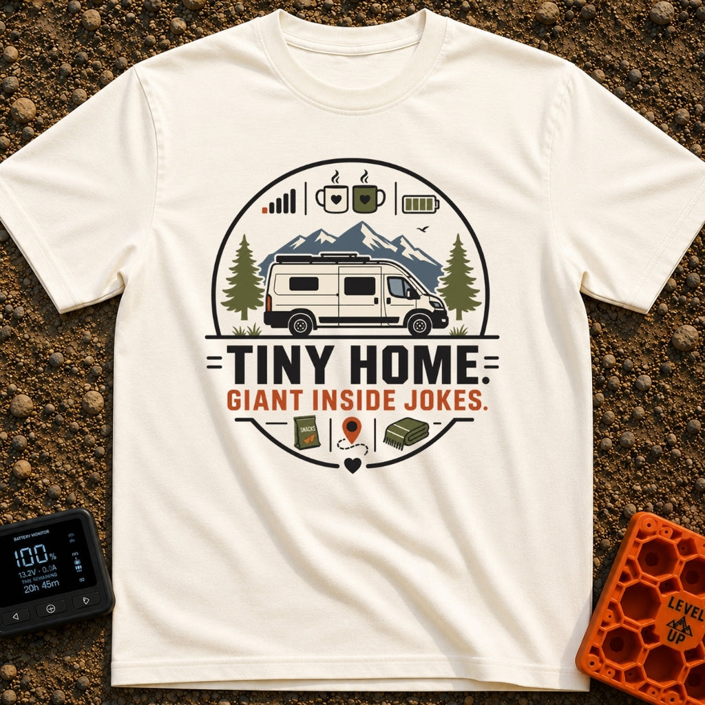 Tiny Home Inside Jokes - T-Shirt in Ivory - A graphic illustration of a camper van parked in front of mountains and pine...
