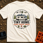 Tiny Home Inside Jokes - T-Shirt in Ivory - A graphic illustration of a camper van parked in front of mountains and pine...