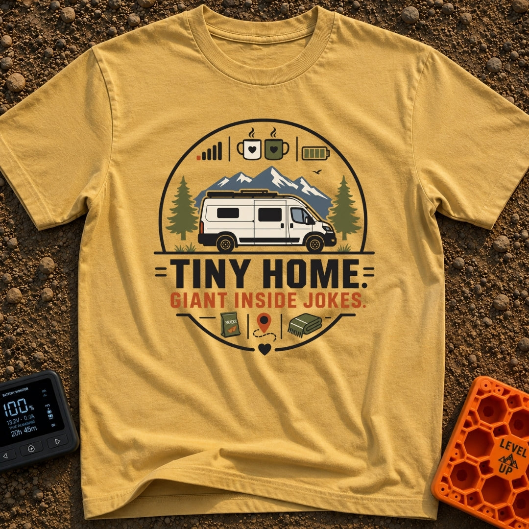 Tiny Home Inside Jokes - T-Shirt in Mustard - A graphic illustration of a camper van parked in front of mountains and...