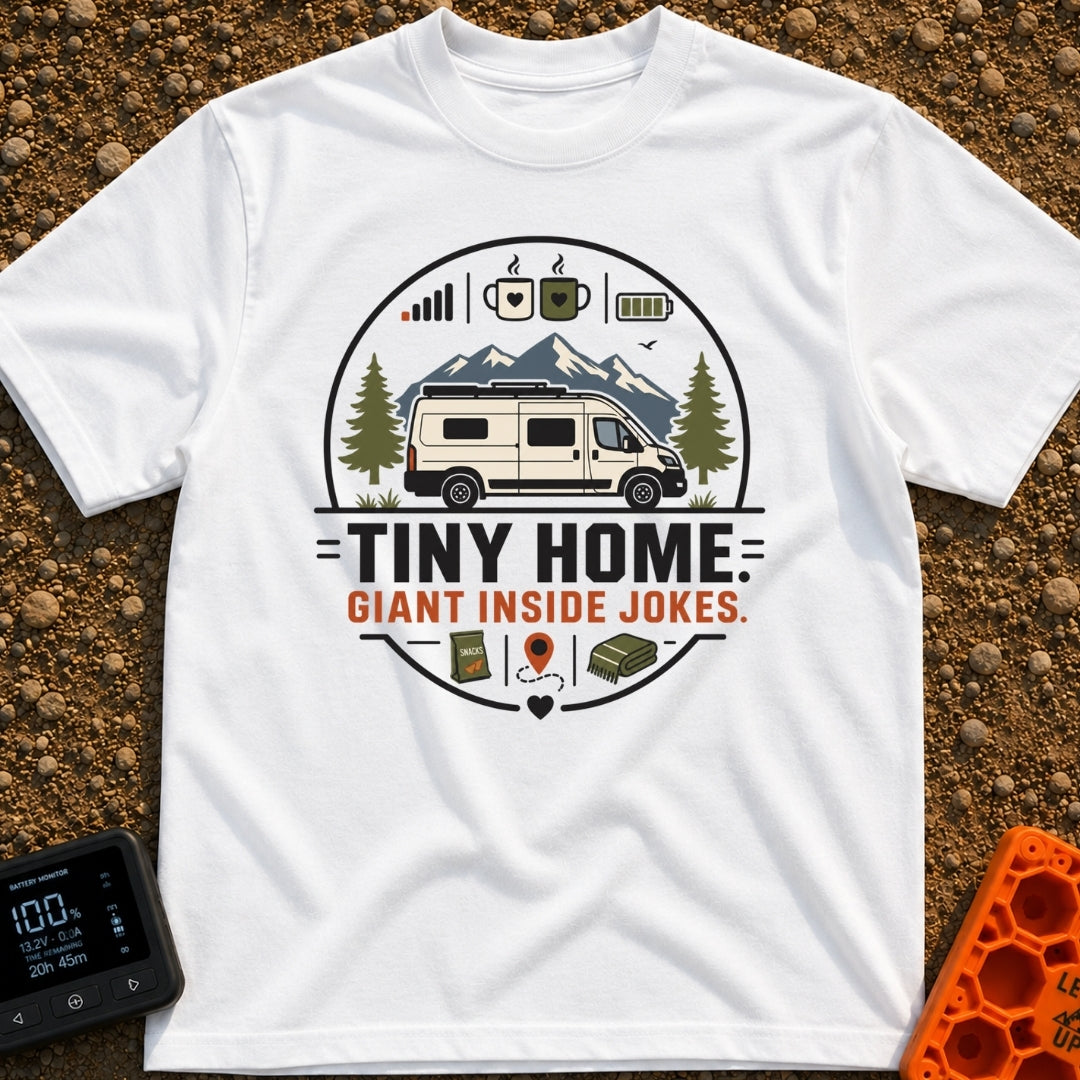 Tiny Home Inside Jokes - T-Shirt in White - A graphic illustration of a camper van parked in front of mountains and pine...
