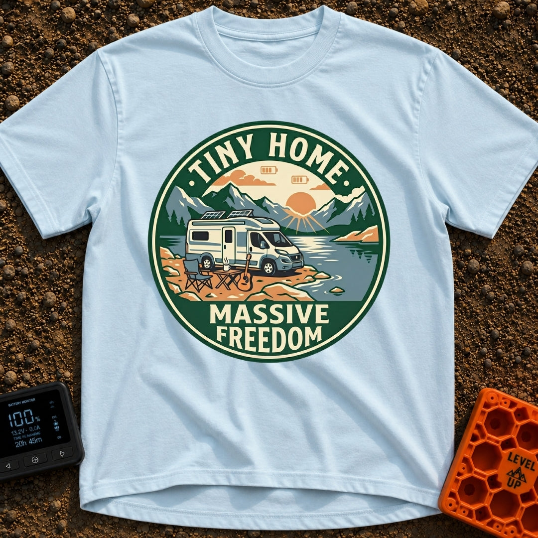 Tiny Home Massive Freedom - T-Shirt in Chambray - A circular badge showing a white camper van with roof-mounted solar...
