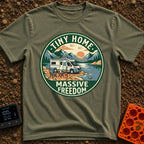 Tiny Home Massive Freedom - T-Shirt in Moss - A circular badge showing a white camper van with roof-mounted solar panels...