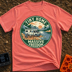 Tiny Home Massive Freedom - T-Shirt in Watermelon - A circular badge showing a white camper van with roof-mounted solar...