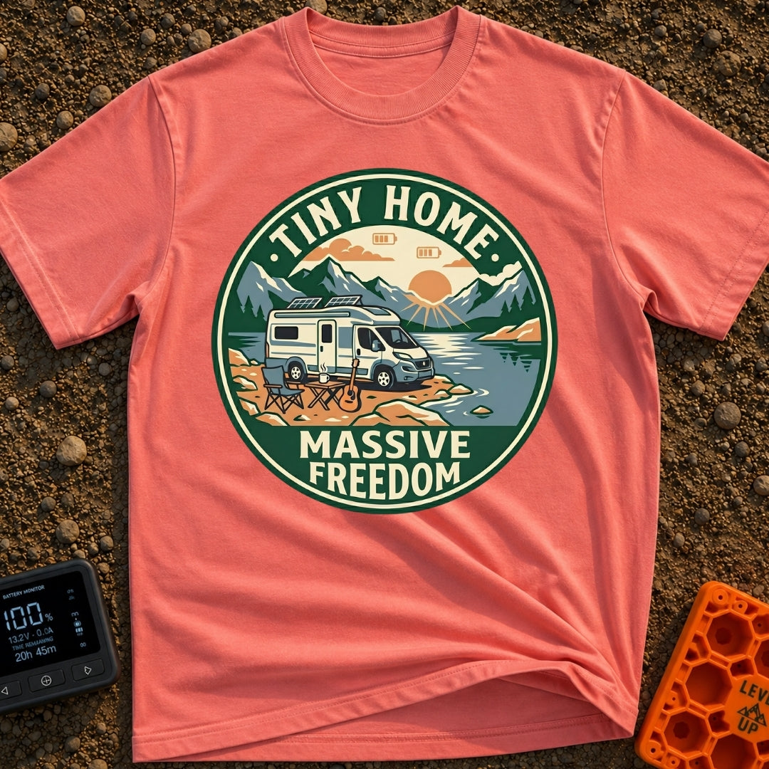 Tiny Home Massive Freedom - T-Shirt in Watermelon - A circular badge showing a white camper van with roof-mounted solar...