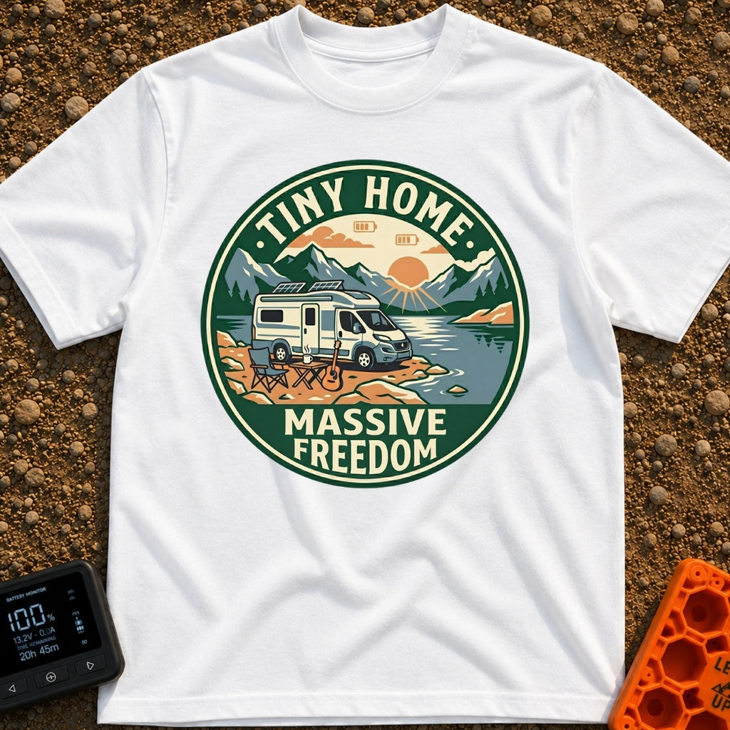 Tiny Home Massive Freedom - T-Shirt in White - A circular badge showing a white camper van with roof-mounted solar panels...