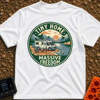Tiny Home Massive Freedom - T-Shirt in White - A circular badge showing a white camper van with roof-mounted solar panels...