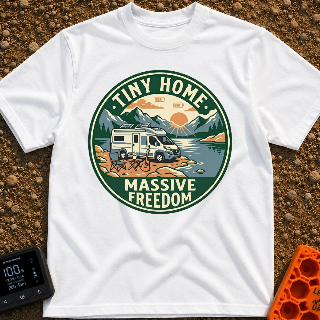 Tiny Home Massive Freedom - T-Shirt in White - A circular badge showing a white camper van with roof-mounted solar panels...