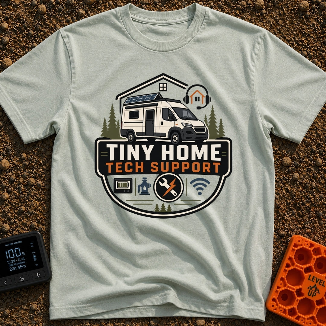 Tiny Home Tech Support - T-Shirt in Bay - A graphic badge featuring a white camper van with roof-mounted solar panels...