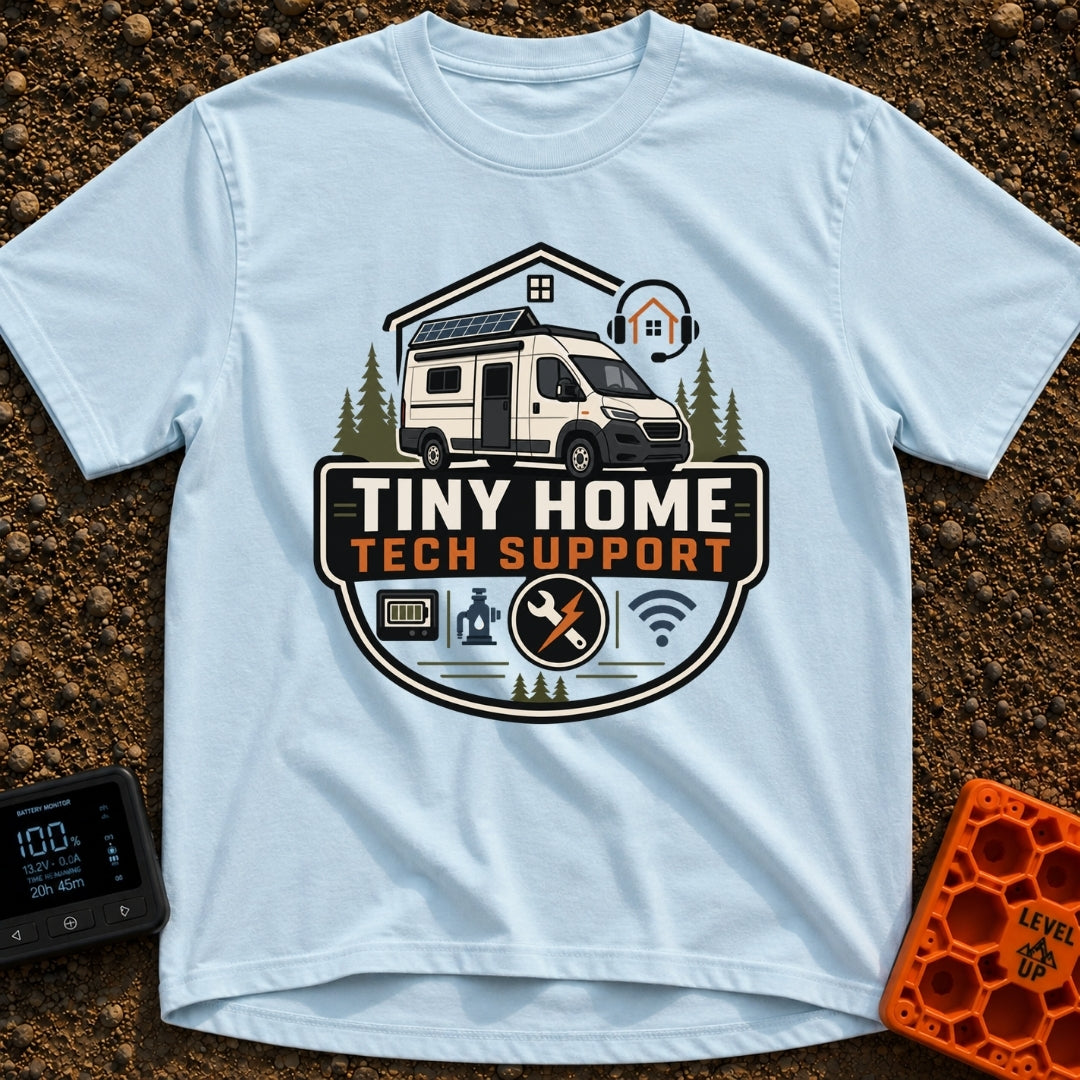 Tiny Home Tech Support - T-Shirt in Chambray - A graphic badge featuring a white camper van with roof-mounted solar...