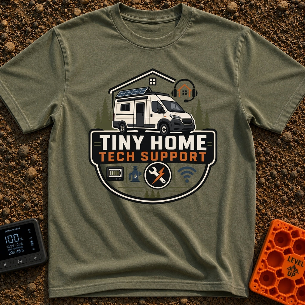 Tiny Home Tech Support - T-Shirt in Moss - A graphic badge featuring a white camper van with roof-mounted solar panels...