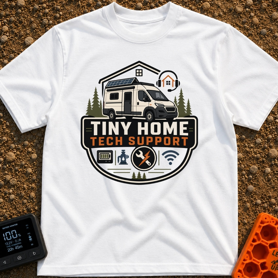 Tiny Home Tech Support - T-Shirt in White - A graphic badge featuring a white camper van with roof-mounted solar panels...
