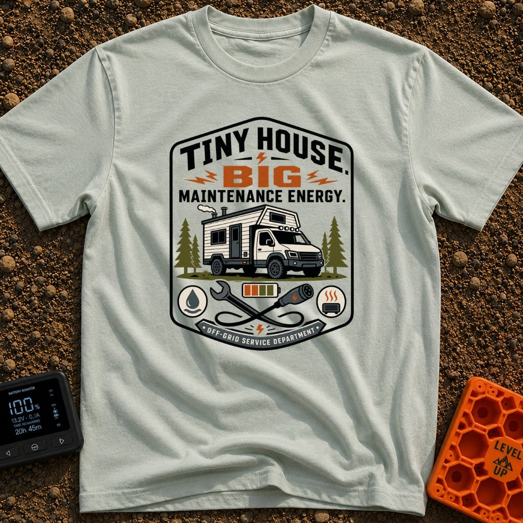 Big Maintenance Energy - T-Shirt in Bay - A badge-style design showing an off-road truck camper parked among pine trees...