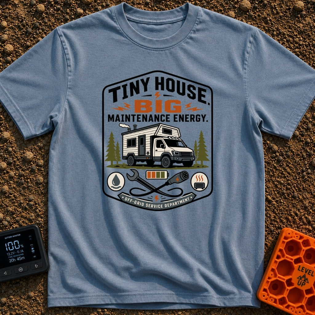 Big Maintenance Energy - T-Shirt in Blue Jean - A badge-style design showing an off-road truck camper parked among pine...